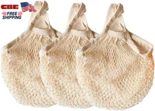 Reusable Cotton Mesh Grocery Shopping Bags Pack of 3 Beige