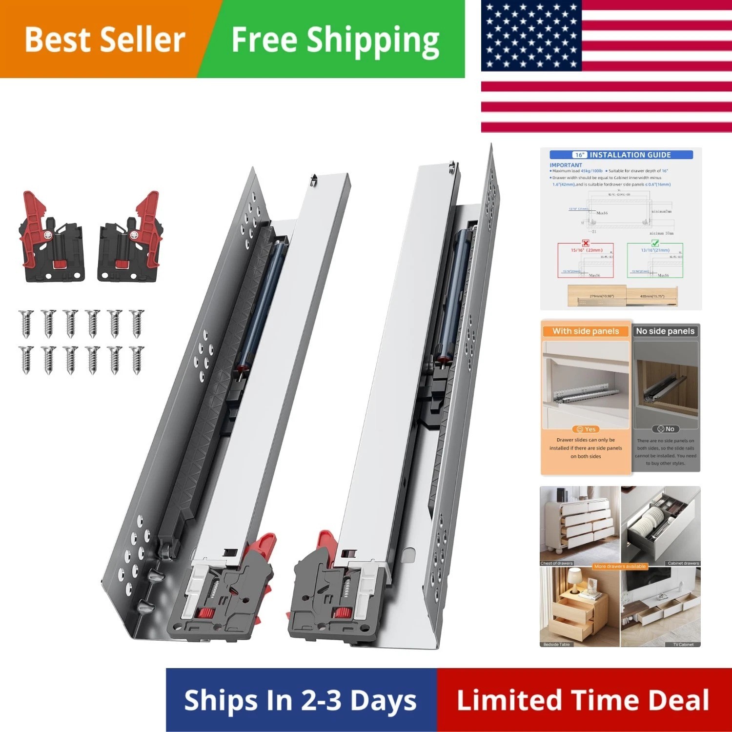 16 Inch Soft Close Undermount Bottom Mount Drawer Slides, 1 Pair Heavy Duty S...
