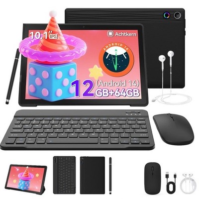 10 Inch Android 14 Wifi Tablet with Keyboard & Stylus 12GB RAM 64GB ROM(TF 1TB)