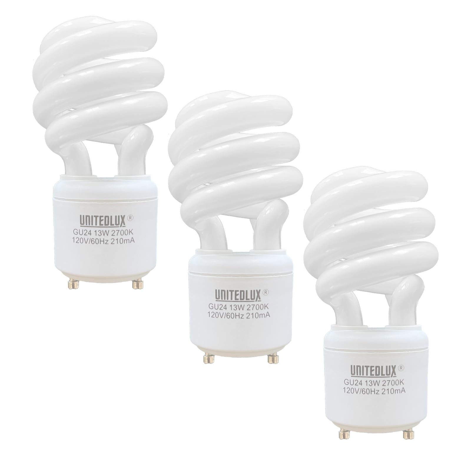 UNITEDLUX 13Watt T2 Spiral CFL GU24 2 Prong Light Bulb Base 2700K 900lm 120v
