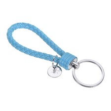 Braided Leather Keychain with Stainless Steel Key Ring Sleeve, Sky Blue