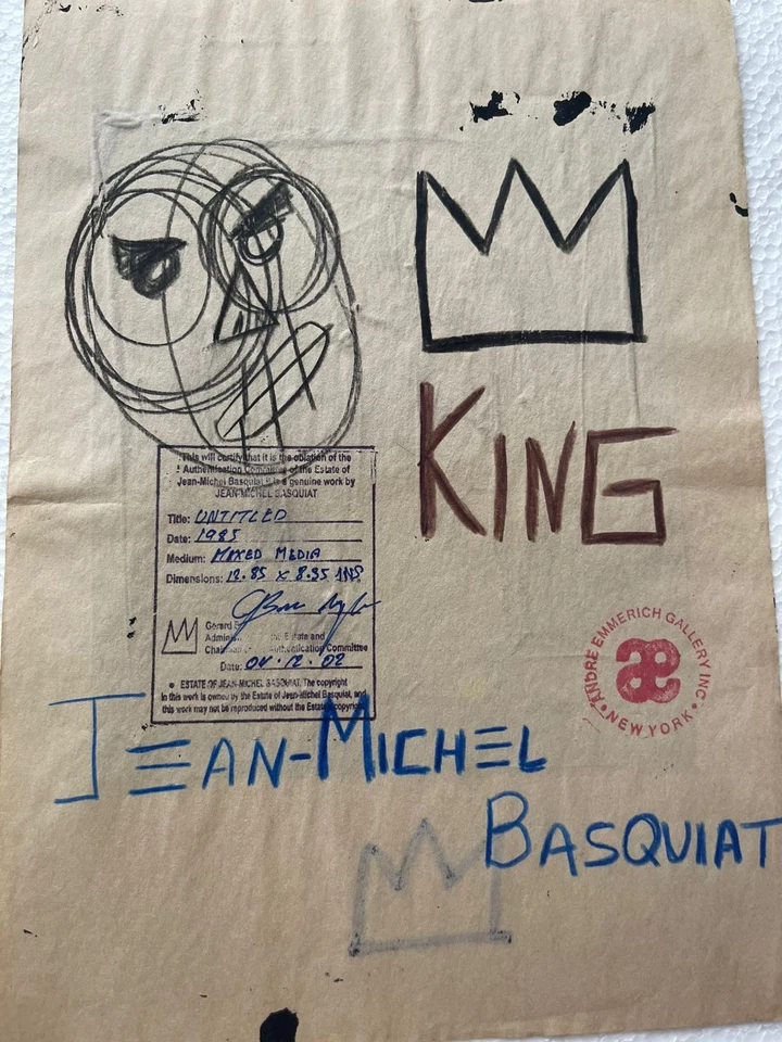 Jean Michel Basquiat dibujo y pintura sobre papel antiguo firmado estampado vintage Foto 3 de 3