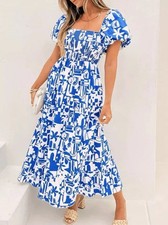 Show Me Your Mumu NEW Medium Afternoon Tea Blue White Midi Dress Puff Sleeves