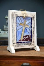 Antique Christmas Nativity Stained Glass Transom Window Salesman Sample Cross