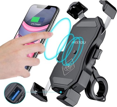 Motorcycle Phone Holder Wireless 15W Qi USB Quick Charge 2-in-1 Mount 3.5-6.8in