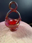 Fenton Mini Basket-Diamond Pattern-Red Carnival-Looped Handle