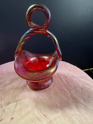 Fenton Mini Basket-Diamond Pattern-Red Carnival-Looped Handle