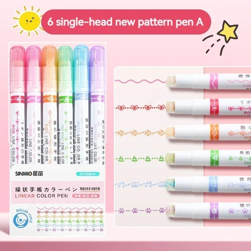 6Pcs Cute Kawaii Roller Highlighter Curve Line Flower Marker