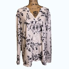 NWOT Womens Dark Floral Boho V-Neck Long Sleeve Blouse Top White Black Size 2XL