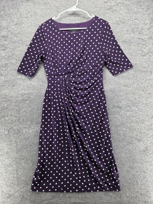 Connected Apparel Dress Womens 8 Purple Polka Dot Ruched Sheath Knee Length