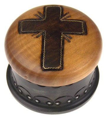 M Cornell Round Wooden Cross Box Jewelry Trinket Wood Gift Easter Religious Xmas