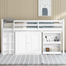 Twin Low Loft Bed with Pull-Out Desk, Rubberwood Loft Bed with Storage Cabinets,