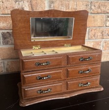 Vintage Wooden Lined Jewelry Box / Chest Drawers Cottagecore Mid Century Style