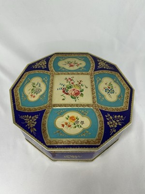 Vintage English Biscuit Tin Floral Octagonal Made in England Metal Box