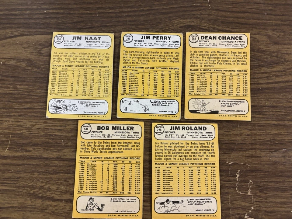 Tarjetas de béisbol 1968 Topps (5) lanzadores de los Mellizos de Minnesota en muy buen estado/excelente estado Foto 2 de 2