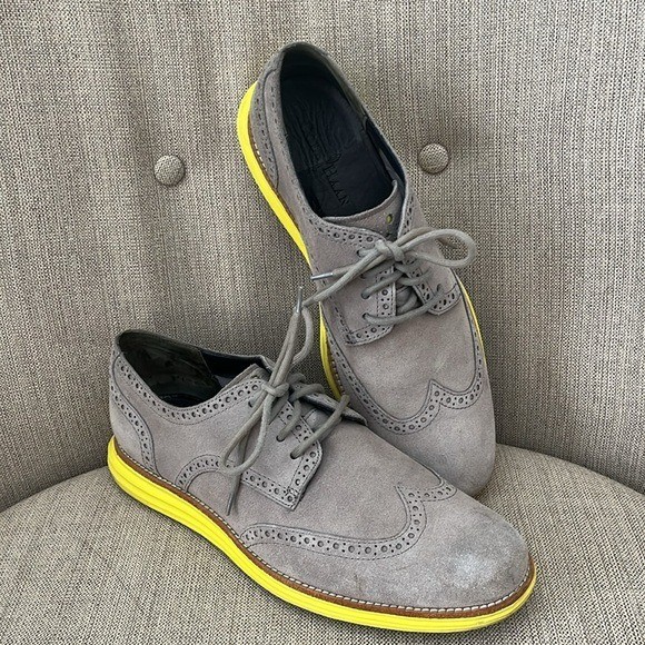 SAOLA Scarpe Cole Haan Lunargrand taglia 10 5 grigio scamosciato punta ad ala allacciata suola gialla