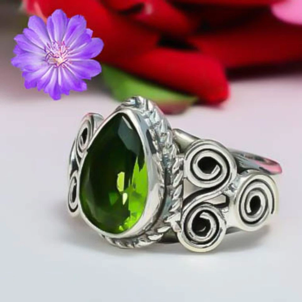 Classic Peridot Gemstone 925 Sterling Silver Handmade Jewelry Ring All Size - Image 4 of 4