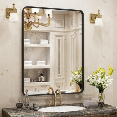 24x30 Inch Black Matte Framed Bathroom Mirror Wall Rounded Corner Rectangle