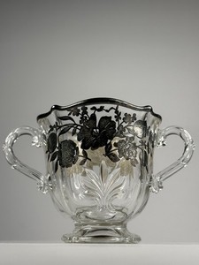 Vintage Sterling Silver Overlay Floral Glass Sugar Bowl Double Handle Open Sugar
