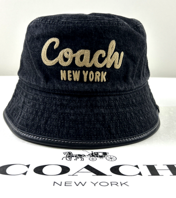 NEW COACH Bucket Hat Size M/L Women's Black Denim Leather Trim
