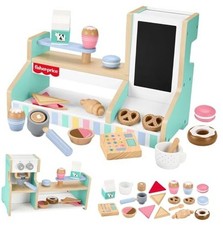 Wood Pretend Play  Toy Register, 20-Piece Wooden Food Playset for Coffee Shop