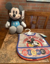 Disney Mickey Mouse 14  Baby Blue Plush  2 Crumb Catcher Plastic Bibs