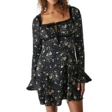 Free People Black Floral Lace Trim Velvet Accent Long Sleeve Mini Dress Large