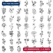50 Sheets Tiny Branch Black Flower Temporary Tattoos For Women Girl Floral Bouqu