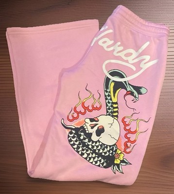 ED HARDY Pink Flaming Skull & Snake Tattoo Sweatpants Women s Size M~Y2K~NWT