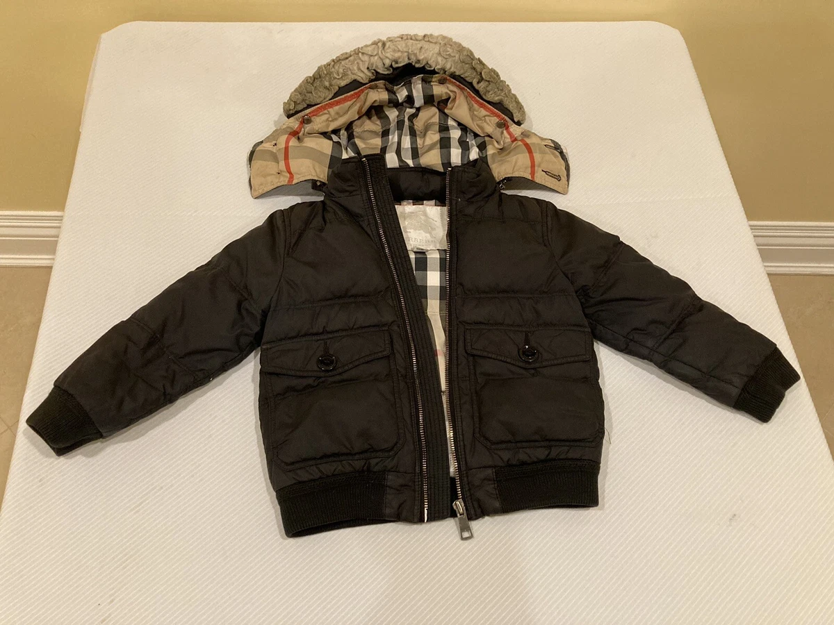 Burberry Boys Black Down Puffer Winter Coat Jacket Hooded Size 4 Plaid Lining