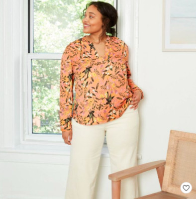 Women's Plus Size Long Sleeve Popover Blouse Orange Floral Ava & Viv Size X 14W