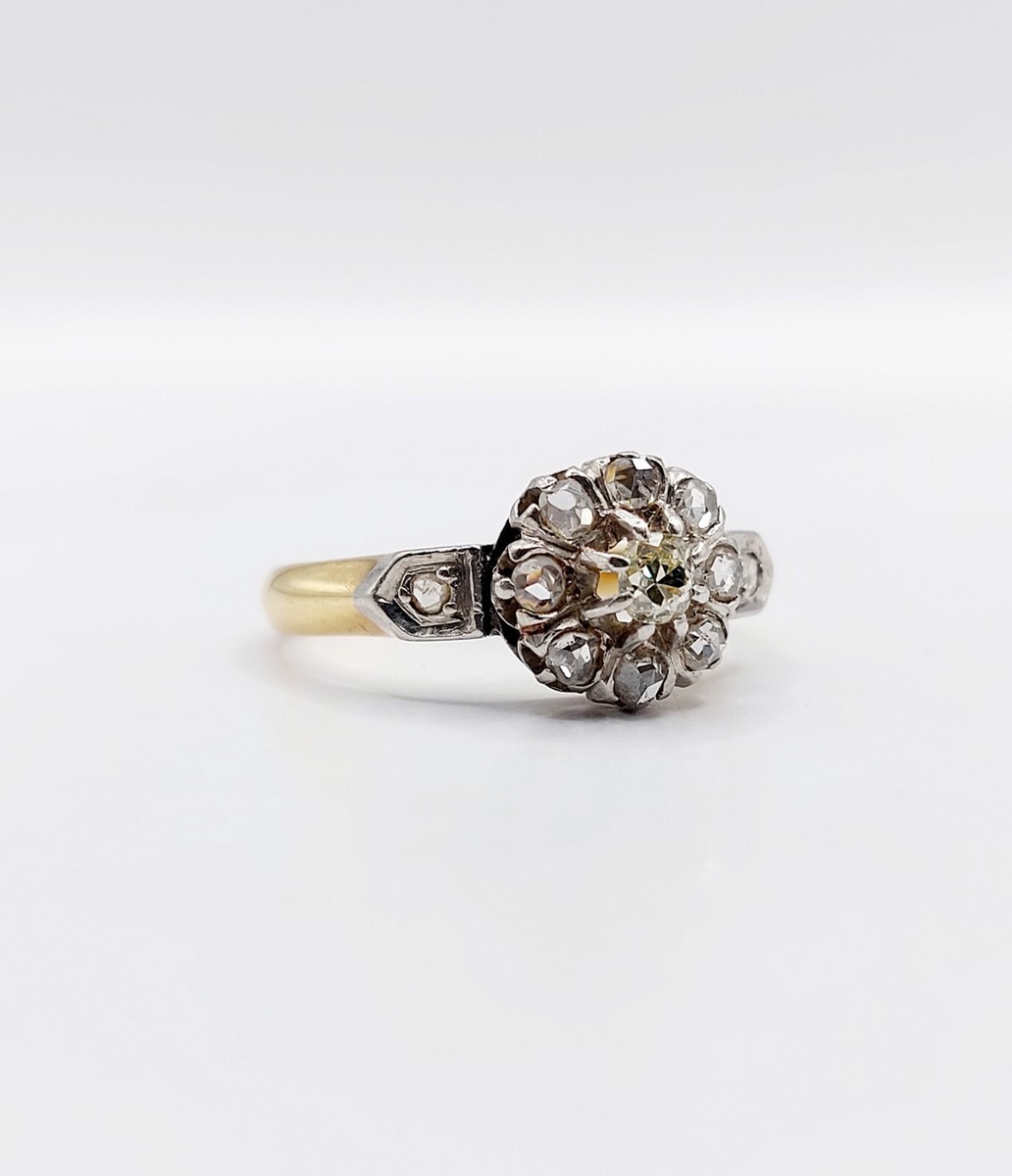 Bague marguerite victorienne or 18k diamant taille ancienne 0,10