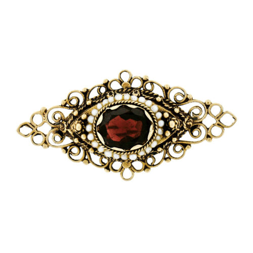 Vintage 14k Yellow Gold 2.80ct Oval Garnet & Pearl Open Marquise Bar Brooch Pin - Picture 1 of 5