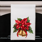 Festive Christmas Poinsettia Waffle Weave 16x24 Dish Towel Bells Kitchen Decor