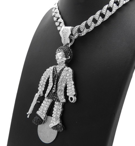 Hip Hop Scarface Pendant & 10mm 18" 20" 24" Iced Cuban Chain Bling Necklace - 第 24/35 張圖片
