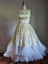 VTG 50's CHAMPAGNE SATIN LACE  TULLE CUPCAKE WEDDING PARTY LONG DRESS