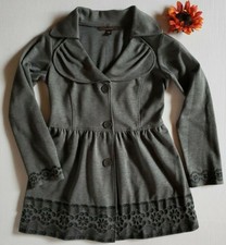 Fever Gray Embroidered Ruffled Pinafore Style Button Up Blazer Jacket Size Small