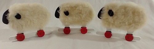 Vintage Wooly Fleece Sheep Lamb Christmas Ornaments on Red Wheels Set of 3 - Picture 2 of 6