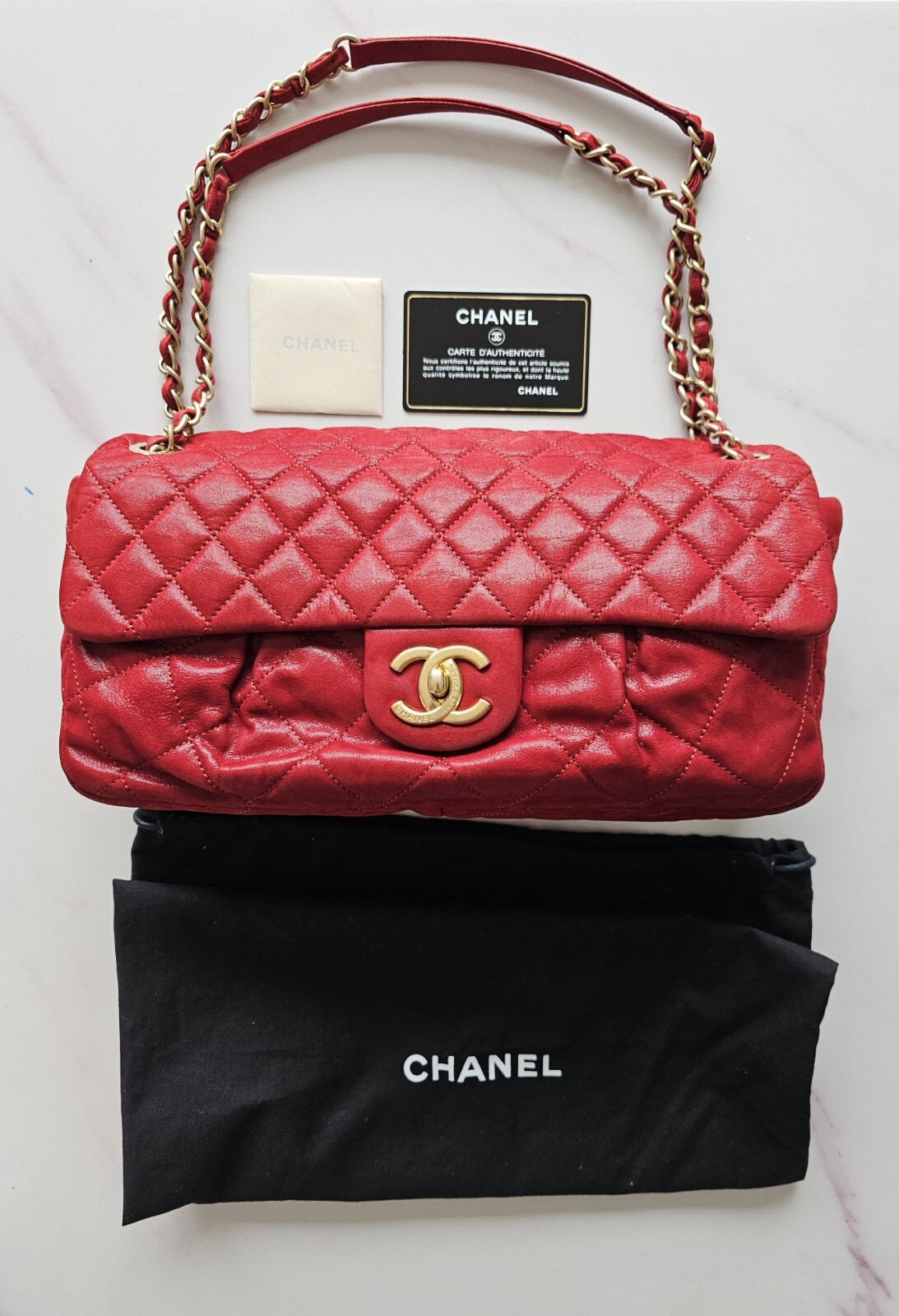Chanel classic red flap bag authentic with card dust bag