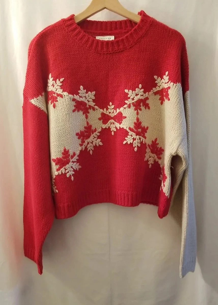 TopShop Pullover Tight Knit Cropped Sweater Women Sz 14 Red Cream Long Sleeve
