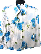Women's Long Sleeves Blue White Flower Print Shirt