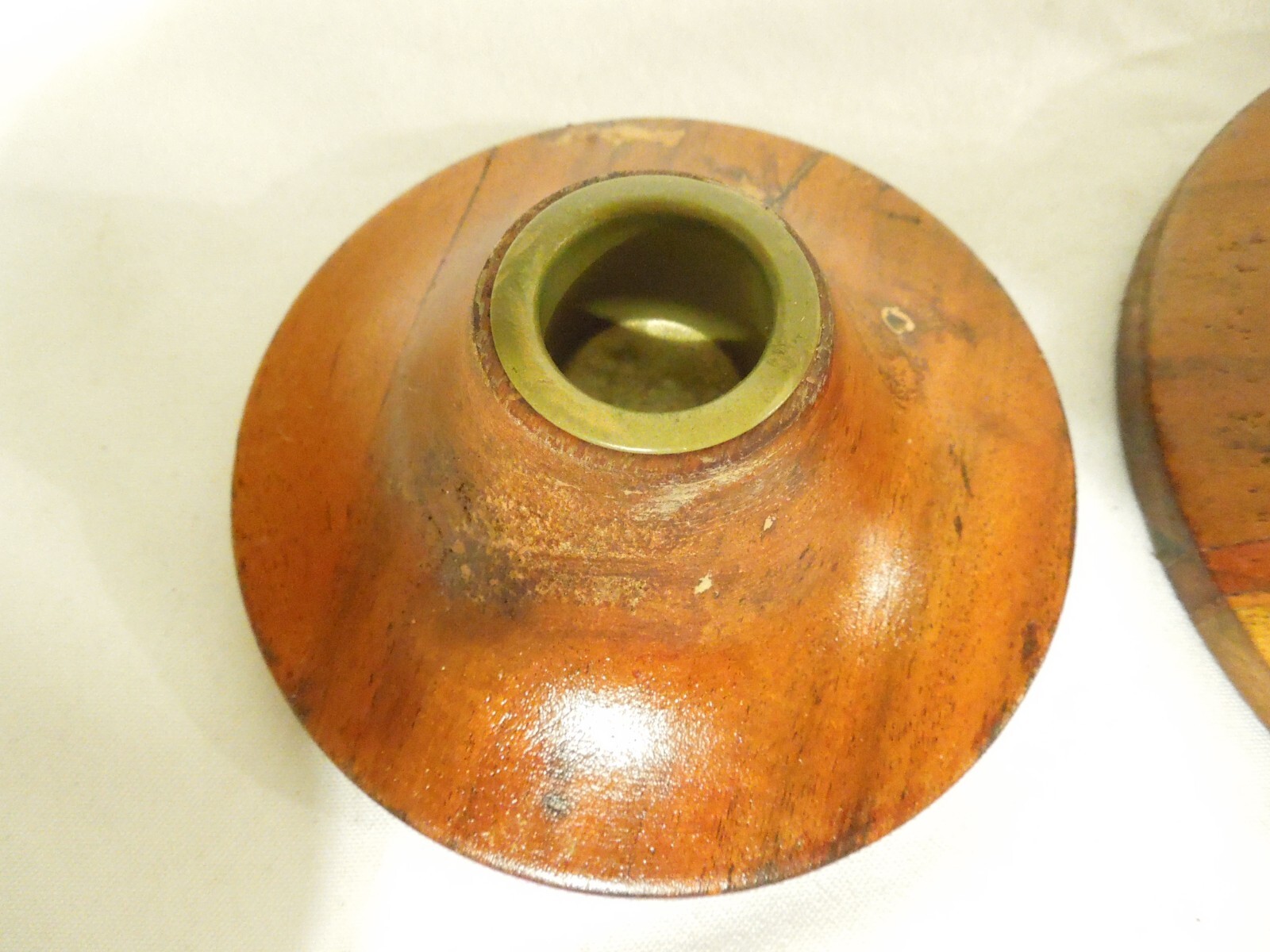 Vintage Taper Candle Holders Set of 2 Wood with Brass Inserts 5" & 4" Diameters