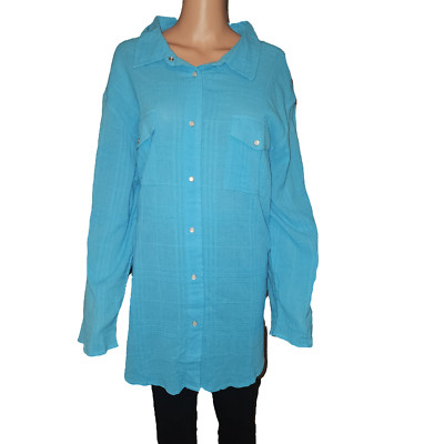 Woman Within Aqua 100% Cotton Oversized Button Up Blouse NWT Blue 2X