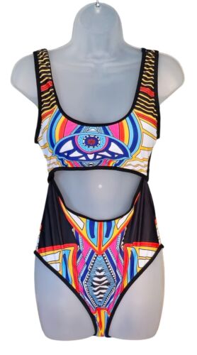 Ekouaer Womens Cut-Out One-Piece Geometric Print Black Trim Swimsuit LG Lined
