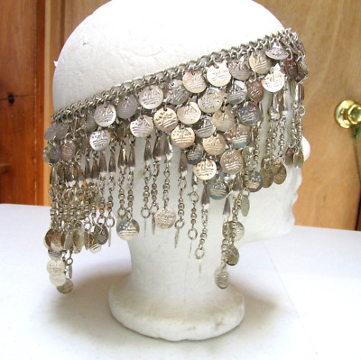 Vintage Belly Dance Ethnic Silver Arabic Dangle Coins Headband Hair Necklace 21''