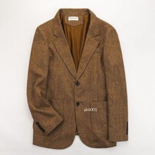 Vintage England Tweed Men Woolen Coat Brown Slim Suit Herringbone Pattern Blazer