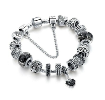 Black Heart Charm Black Pandora Charm Bracelet 18K Gold Plated
