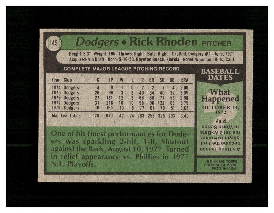 Los Angeles Dodgers Rick Rhoden #145 Topps Baseball Near Mint or Better top - Image 2 of 2