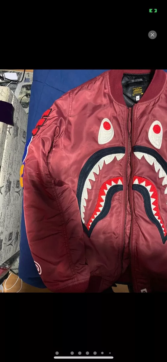 Bape front facing shark ma1 bomber flight jacket burgandy size medium