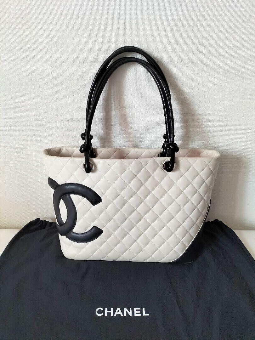Chanel cambon line tote bag handbag Color white x black used from japan